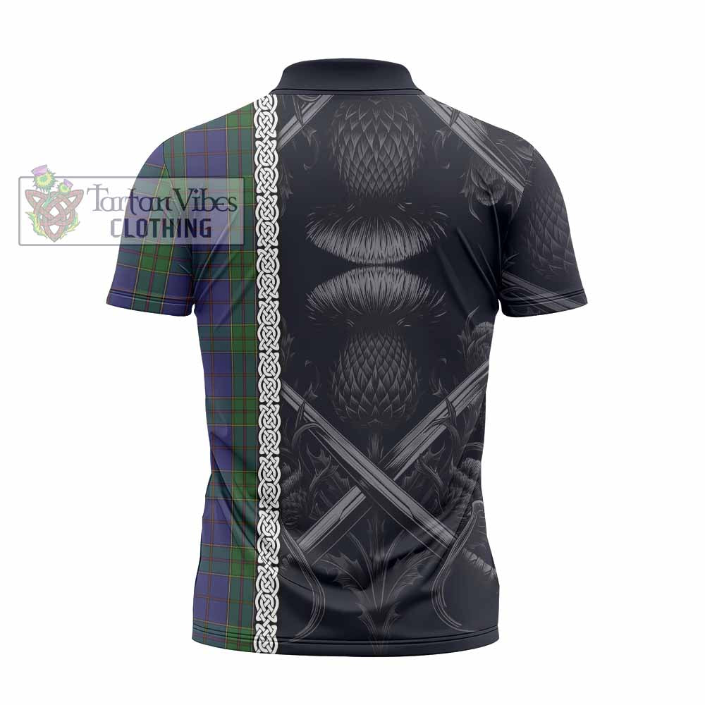 Tartan Vibes Clothing Strachan Tartan Zipper Polo Shirt with Family Crest Cross Sword Thistle Celtic Vibes