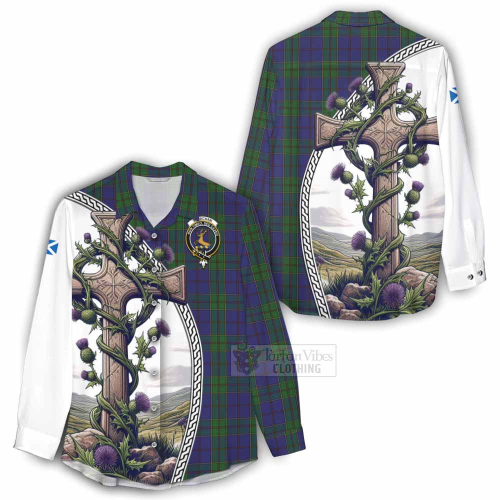 Tartan Vibes Clothing Strachan Tartan Women's Casual Shirt with Family Crest and St. Andrew's Cross Accented by Thistle Vines