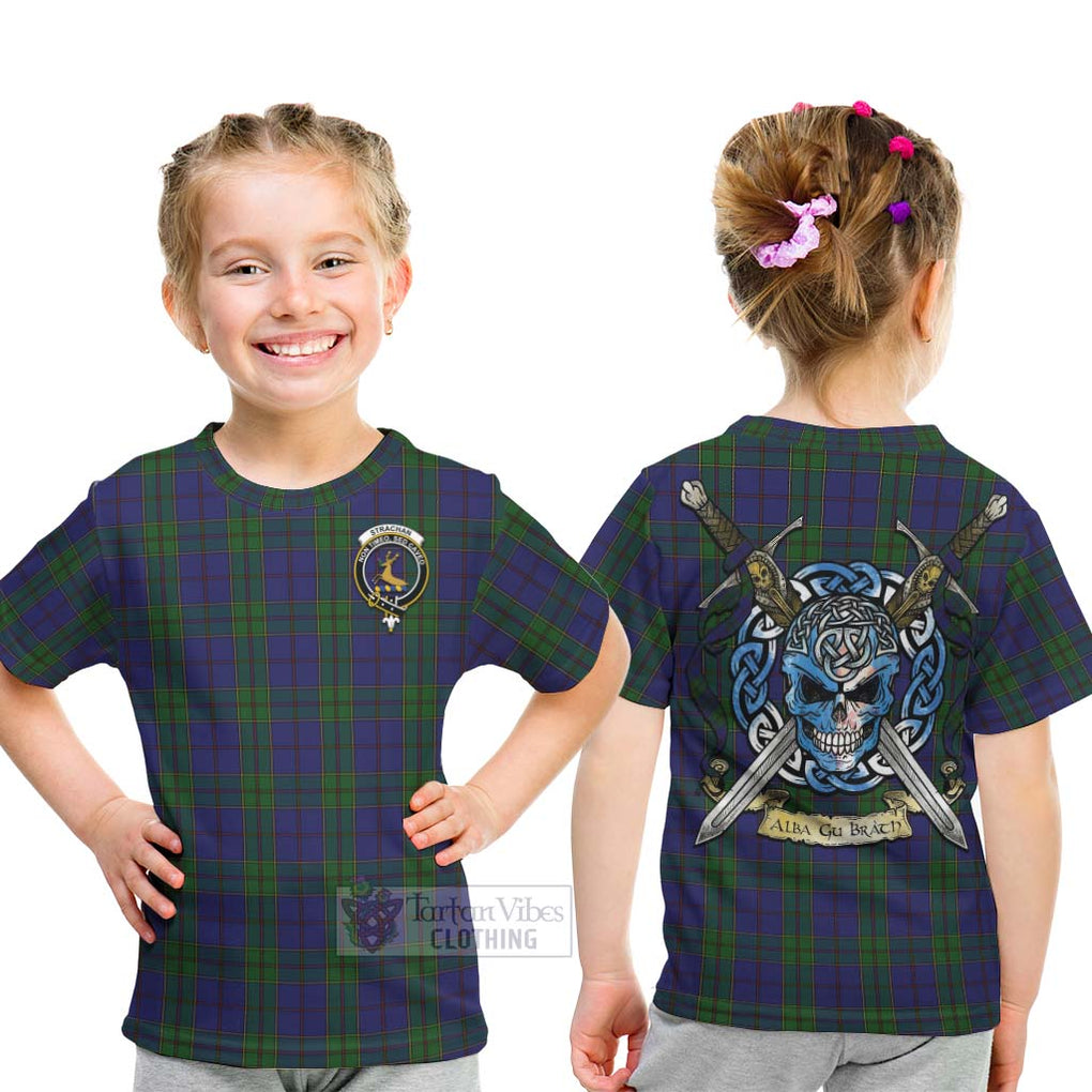 Tartan Vibes Clothing Strachan Tartan Kid T-Shirt with Family Crest Celtic Skull Style