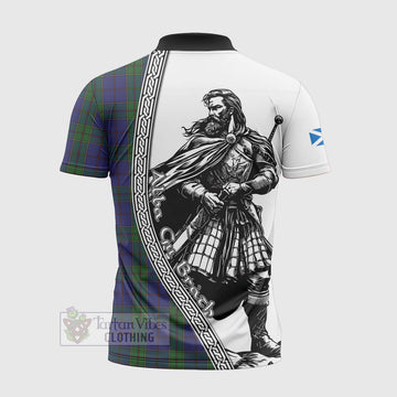 Strachan Tartan Clan Crest Zipper Polo Shirt with Highlander Warrior Celtic Style