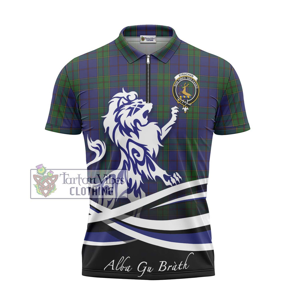 Strachan Tartan Zipper Polo Shirt with Alba Gu Brath Regal Lion Emblem - Tartanvibesclothing Shop