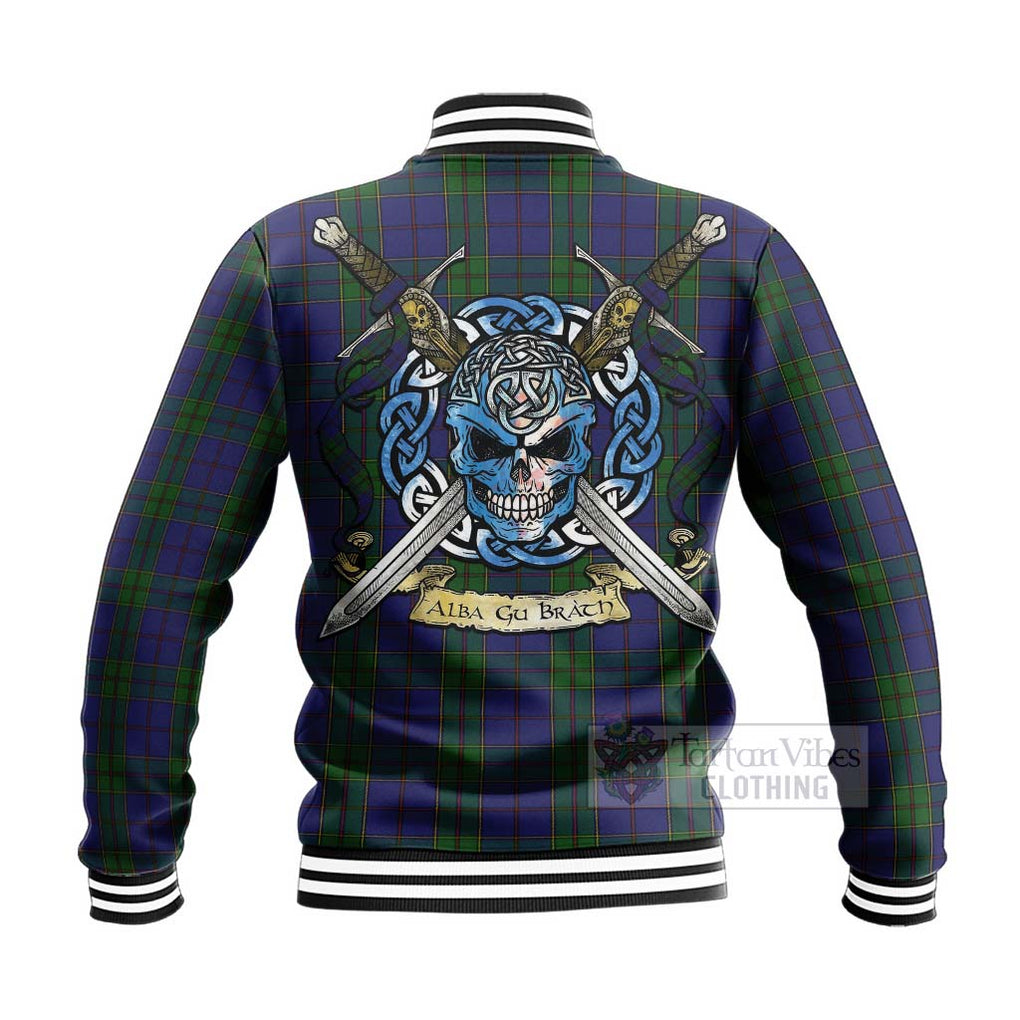 Tartan Vibes Clothing Strachan Tartan Baseball Jacket with Family Crest Celtic Skull Style