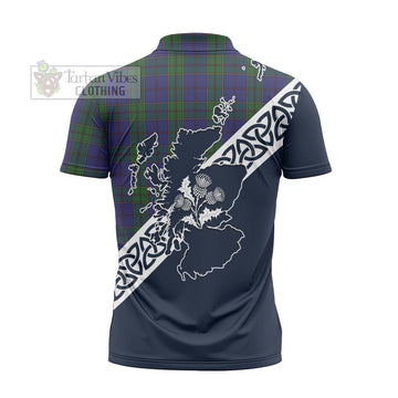 Strachan Tartan Zipper Polo Shirt Featuring Thistle and Scotland Map