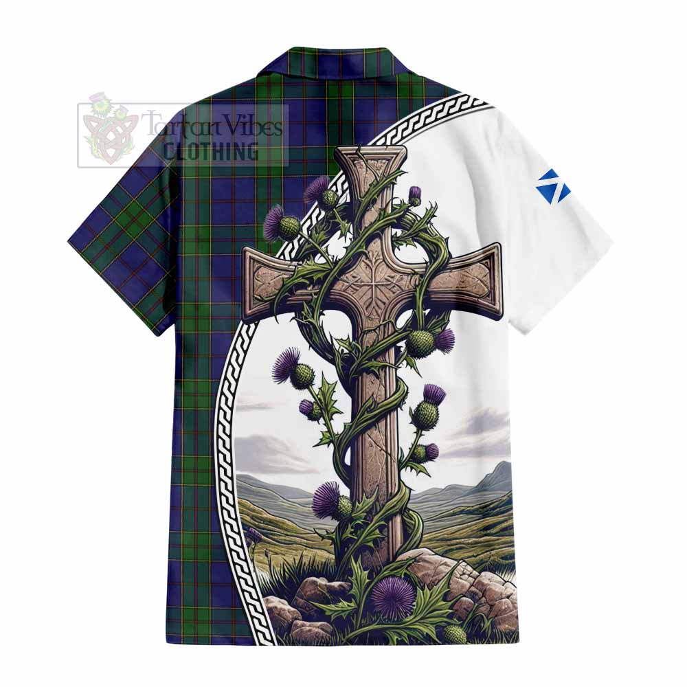 Tartan Vibes Clothing Strachan Tartan Short Sleeve Button Shirt with Family Crest and St. Andrew's Cross Accented by Thistle Vines