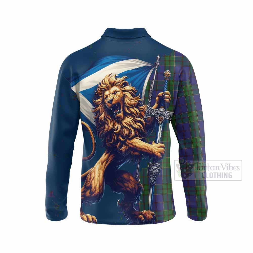 Tartan Vibes Clothing Strachan Tartan Family Crest Long Sleeve Polo Shirt with Scottish Majestic Lion