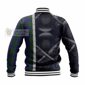 Strachan Tartan Baseball Jacket with Family Crest Cross Sword Thistle Celtic Vibes