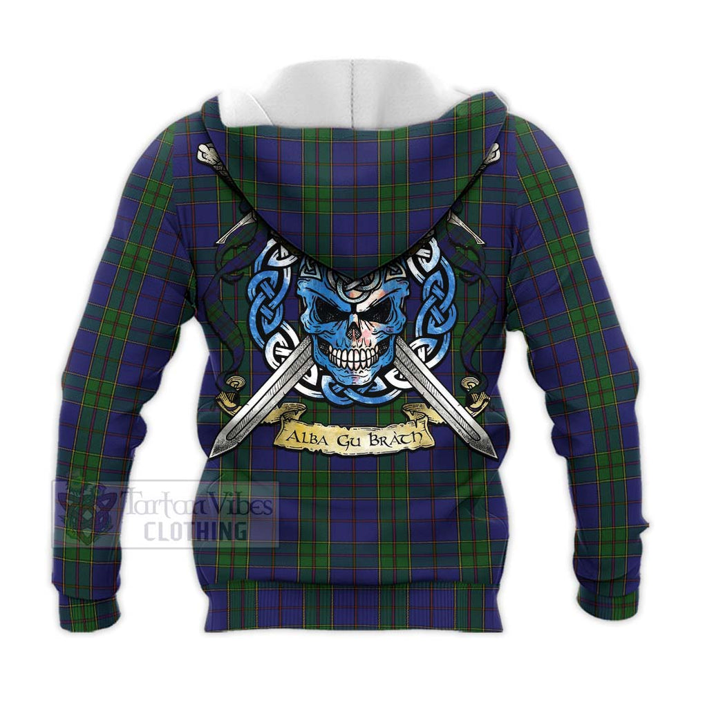 Tartan Vibes Clothing Strachan Tartan Knitted Hoodie with Family Crest Celtic Skull Style