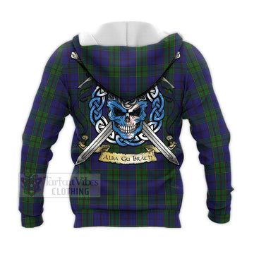 Strachan Tartan Knitted Hoodie with Family Crest Celtic Skull Style