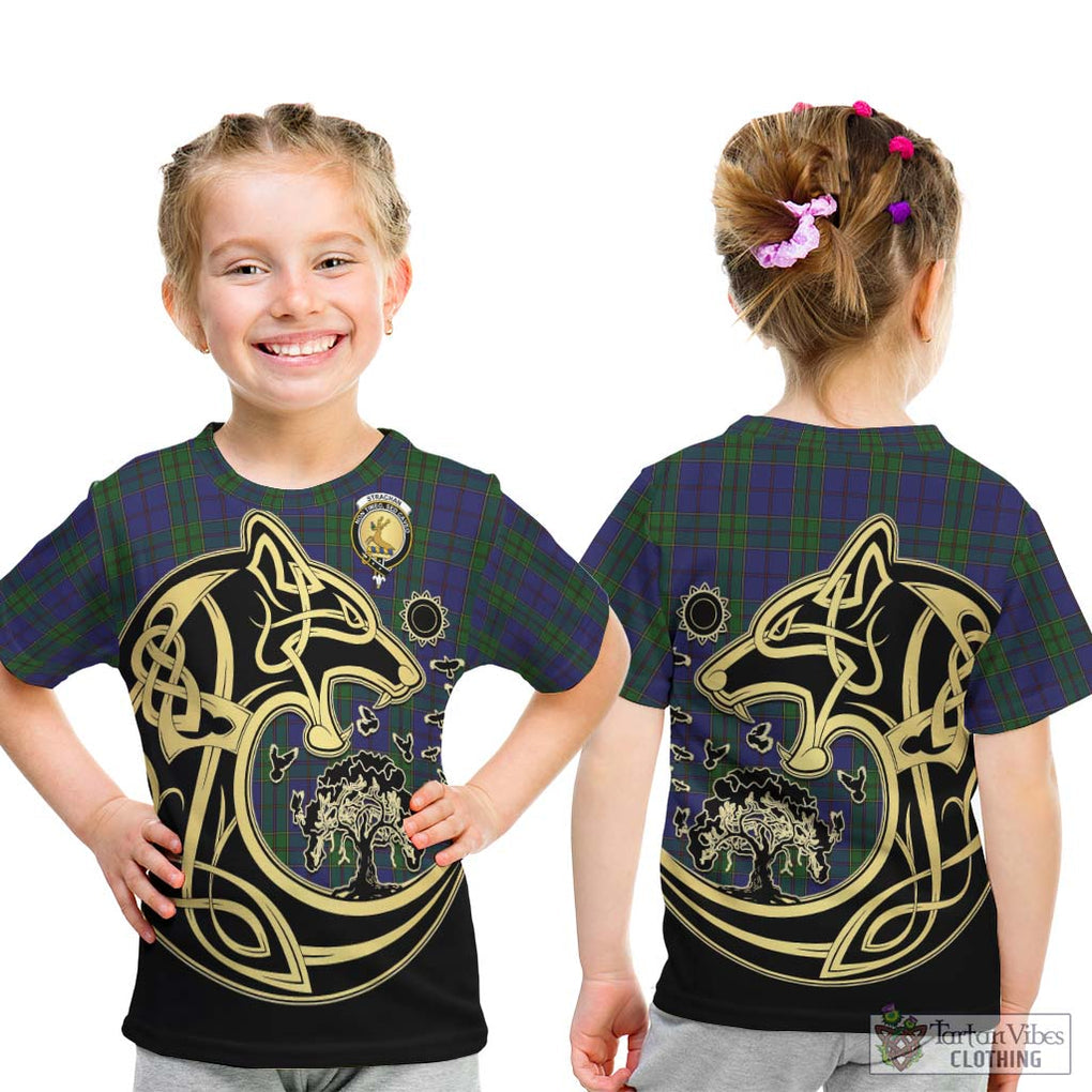 Strachan Tartan Kid T-Shirt with Family Crest Celtic Wolf Style - Tartan Vibes Clothing