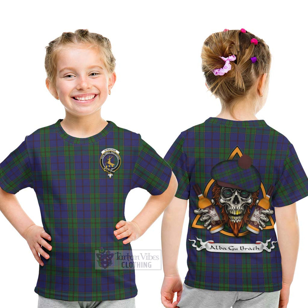 Tartan Vibes Clothing Strachan Tartan Kid T-Shirt with Family Crest and Bearded Skull Holding Bottles of Whiskey