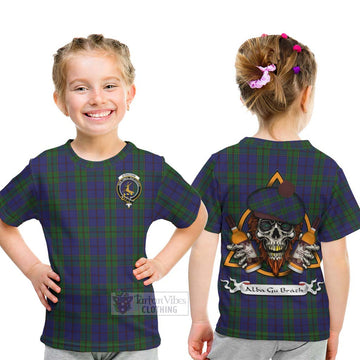 Strachan Tartan Kid T-Shirt with Family Crest and Bearded Skull Holding Bottles of Whiskey