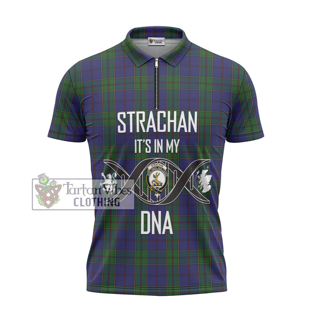 Strachan Tartan Zipper Polo Shirt with Family Crest DNA In Me Style - Tartanvibesclothing Shop