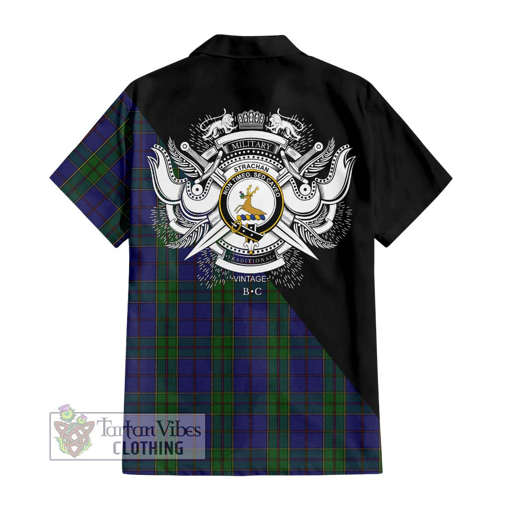 Strachan Tartan Short Sleeve Button Shirt with Family Crest and Military Logo Style - Tartanvibesclothing Shop