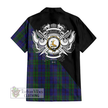 Strachan Tartan Short Sleeve Button Shirt with Family Crest and Military Logo Style