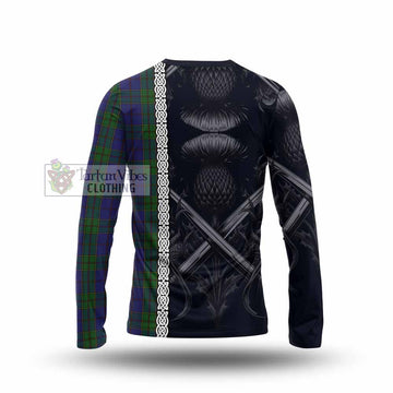 Strachan Tartan Long Sleeve T-Shirt with Family Crest Cross Sword Thistle Celtic Vibes