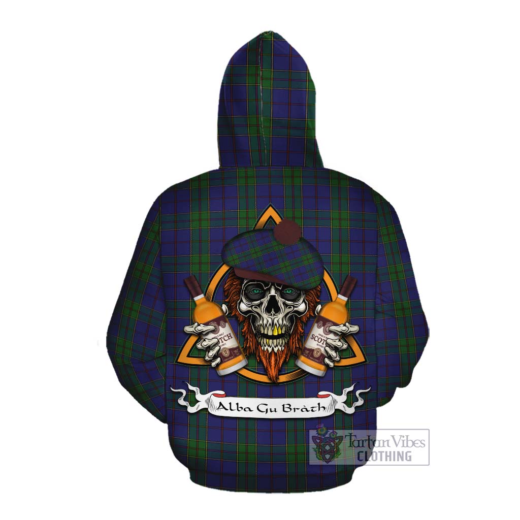 Tartan Vibes Clothing Strachan Tartan Cotton Hoodie with Family Crest and Bearded Skull Holding Bottles of Whiskey