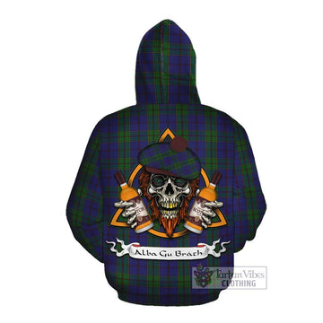 Strachan Tartan Cotton Hoodie with Family Crest and Bearded Skull Holding Bottles of Whiskey