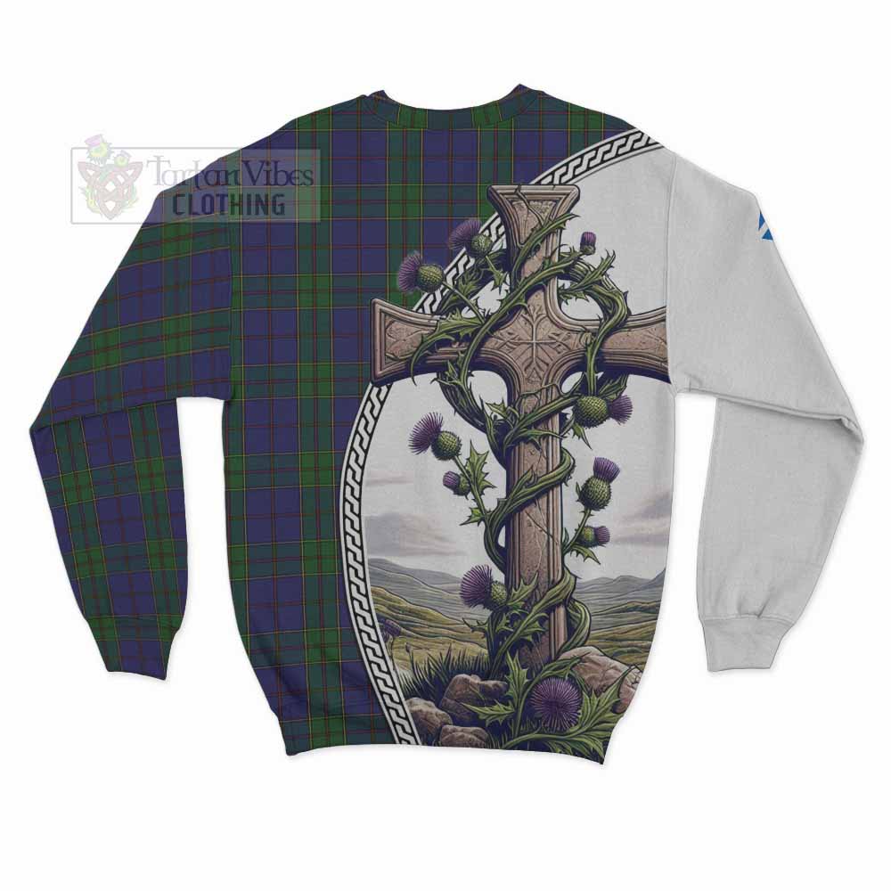 Tartan Vibes Clothing Strachan Tartan Sweatshirt with Family Crest and St. Andrew's Cross Accented by Thistle Vines