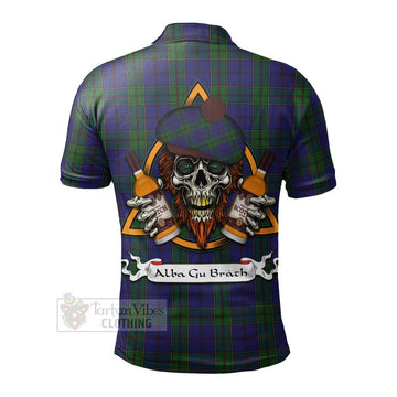 Strachan Tartan Polo Shirt with Family Crest and Bearded Skull Holding Bottles of Whiskey