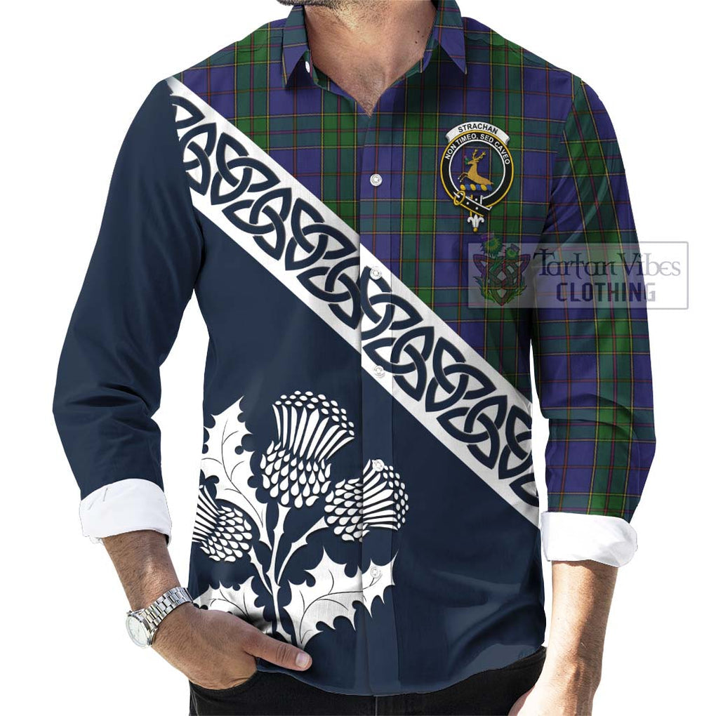 Tartan Vibes Clothing Strachan Tartan Long Sleeve Button Shirt Featuring Thistle and Scotland Map