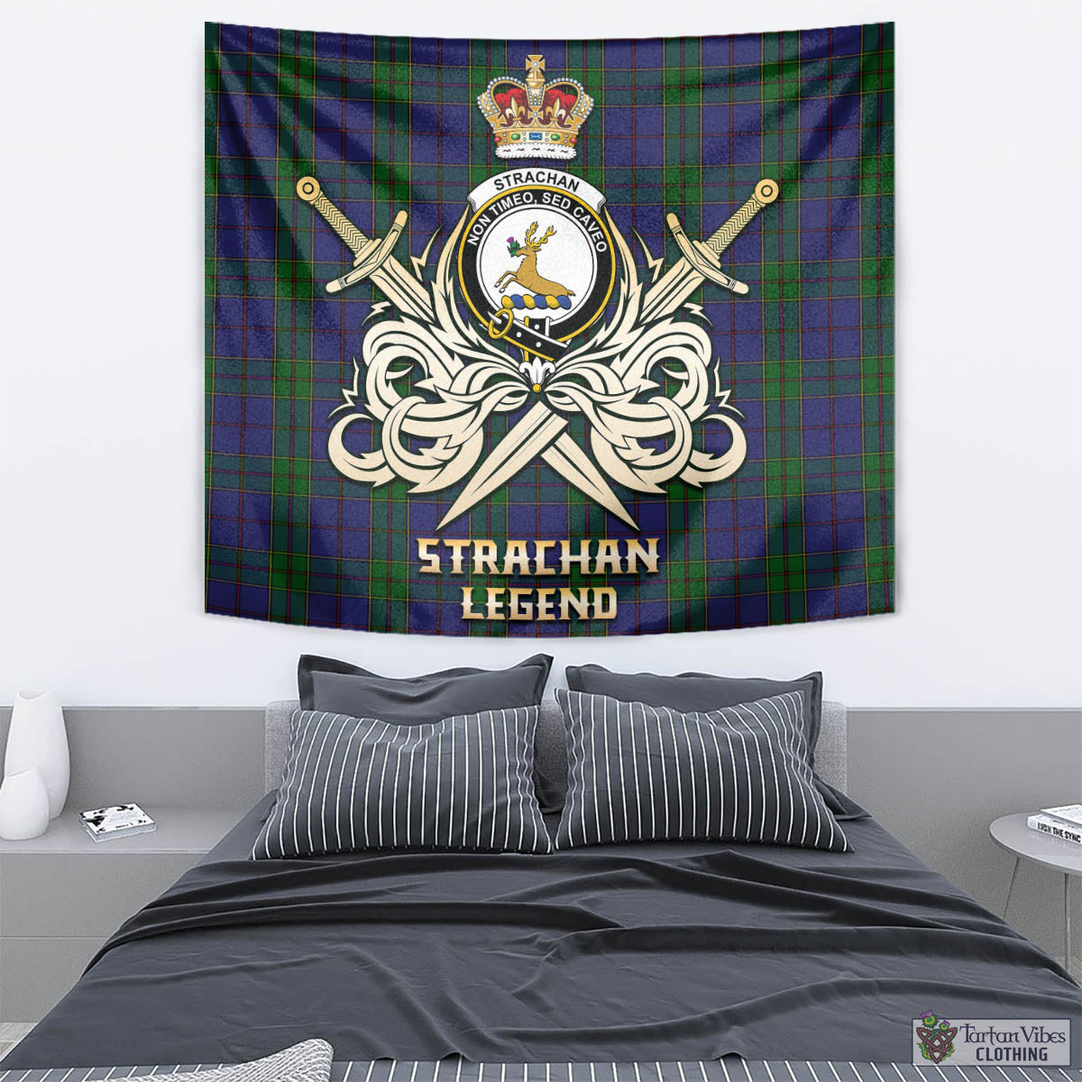 Tartan Vibes Clothing Strachan Tartan Tapestry with Clan Crest and the Golden Sword of Courageous Legacy