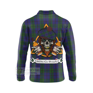 Strachan Tartan Long Sleeve Polo Shirt with Family Crest and Bearded Skull Holding Bottles of Whiskey