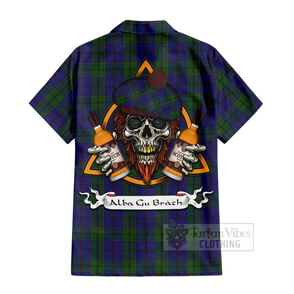 Tartan Vibes Clothing Strachan Tartan Short Sleeve Button Shirt with Family Crest and Bearded Skull Holding Bottles of Whiskey