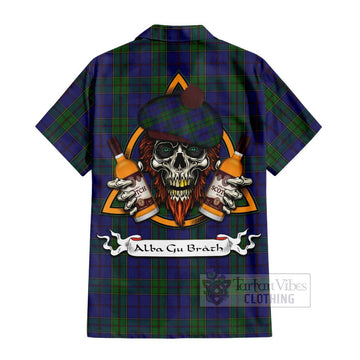 Strachan Tartan Short Sleeve Button Shirt with Family Crest and Bearded Skull Holding Bottles of Whiskey