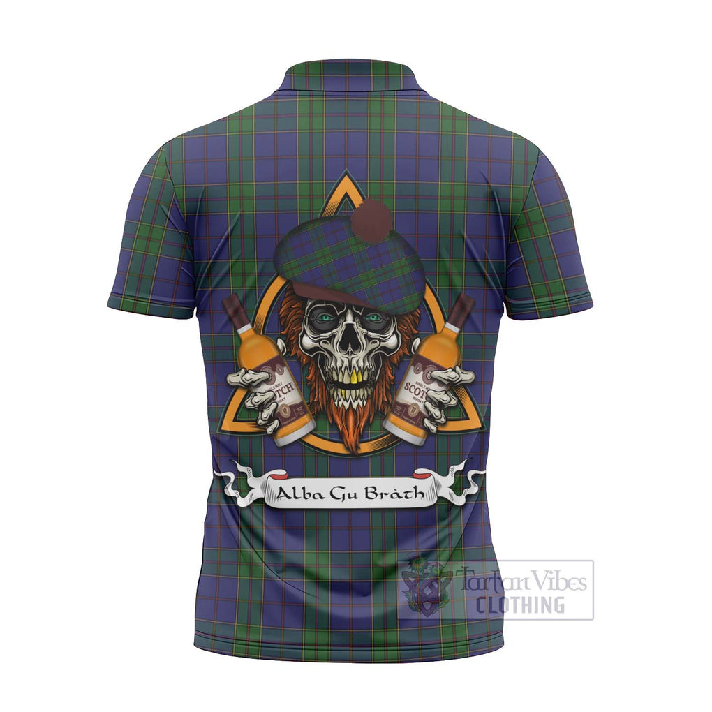 Tartan Vibes Clothing Strachan Tartan Zipper Polo Shirt with Family Crest and Bearded Skull Holding Bottles of Whiskey