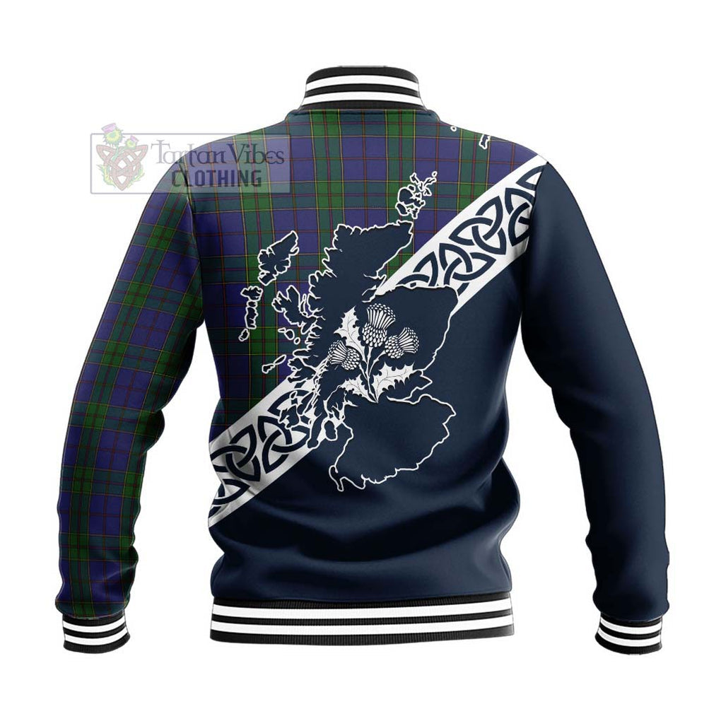 Tartan Vibes Clothing Strachan Tartan Baseball Jacket Featuring Thistle and Scotland Map