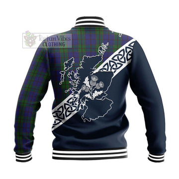 Strachan Tartan Baseball Jacket Featuring Thistle and Scotland Map