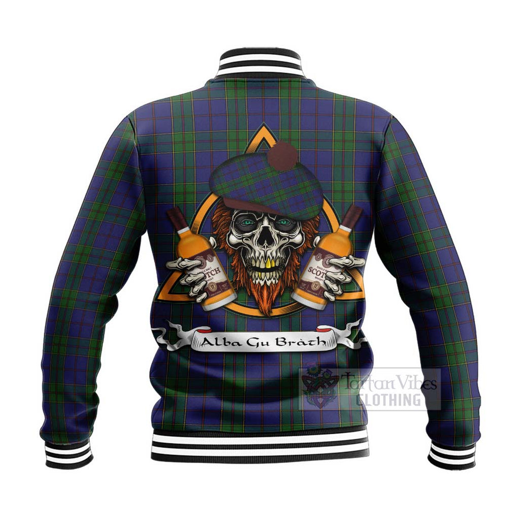 Tartan Vibes Clothing Strachan Tartan Baseball Jacket with Family Crest and Bearded Skull Holding Bottles of Whiskey