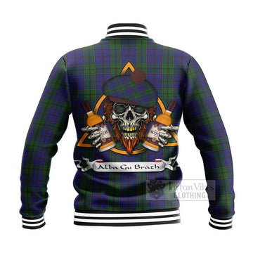 Strachan Tartan Baseball Jacket with Family Crest and Bearded Skull Holding Bottles of Whiskey