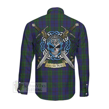 Strachan Tartan Long Sleeve Button Shirt with Family Crest Celtic Skull Style