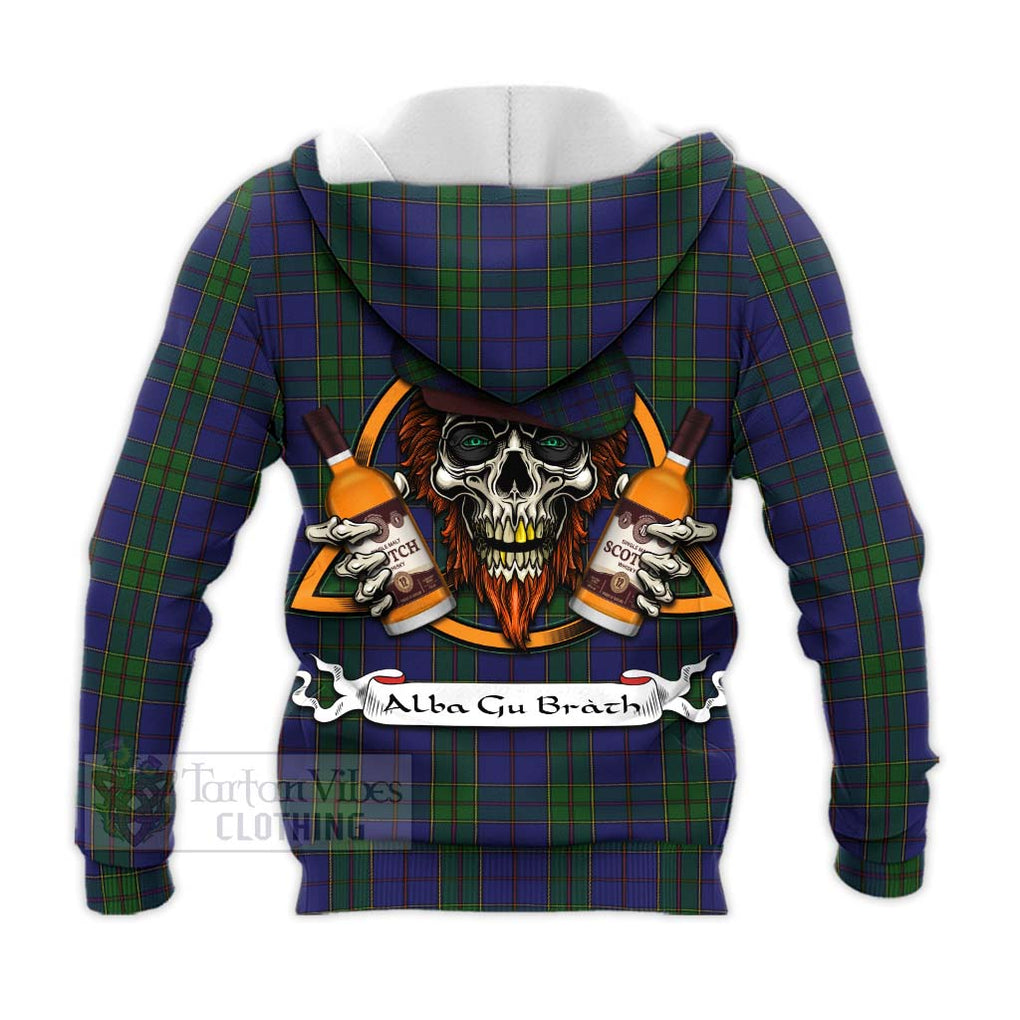 Tartan Vibes Clothing Strachan Tartan Knitted Hoodie with Family Crest and Bearded Skull Holding Bottles of Whiskey