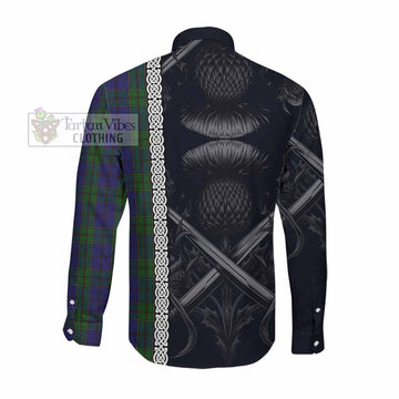 Strachan Tartan Long Sleeve Button Shirt with Family Crest Cross Sword Thistle Celtic Vibes