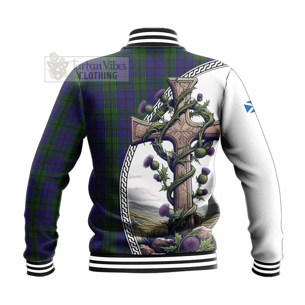 Tartan Vibes Clothing Strachan Tartan Baseball Jacket with Family Crest and St. Andrew's Cross Accented by Thistle Vines