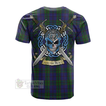 Strachan Tartan Cotton T-shirt with Family Crest Celtic Skull Style