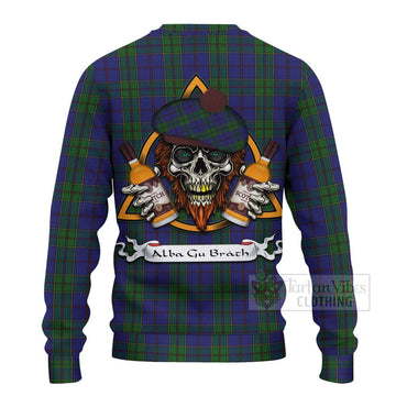 Strachan Tartan Ugly Sweater with Family Crest and Bearded Skull Holding Bottles of Whiskey