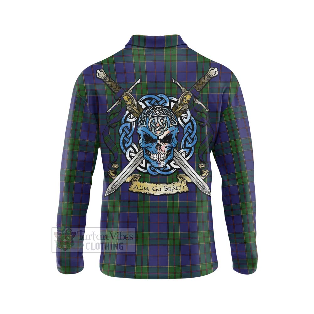 Tartan Vibes Clothing Strachan Tartan Long Sleeve Polo Shirt with Family Crest Celtic Skull Style