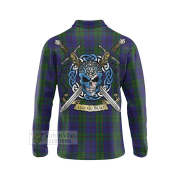 Strachan Tartan Long Sleeve Polo Shirt with Family Crest Celtic Skull Style