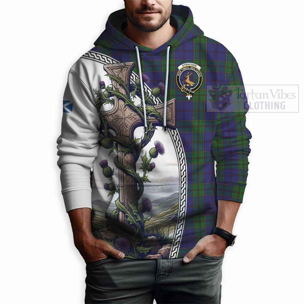 Tartan Vibes Clothing Strachan Tartan Hoodie with Family Crest and St. Andrew's Cross Accented by Thistle Vines