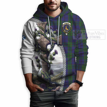 Strachan Tartan Hoodie with Family Crest and St. Andrew's Cross Accented by Thistle Vines