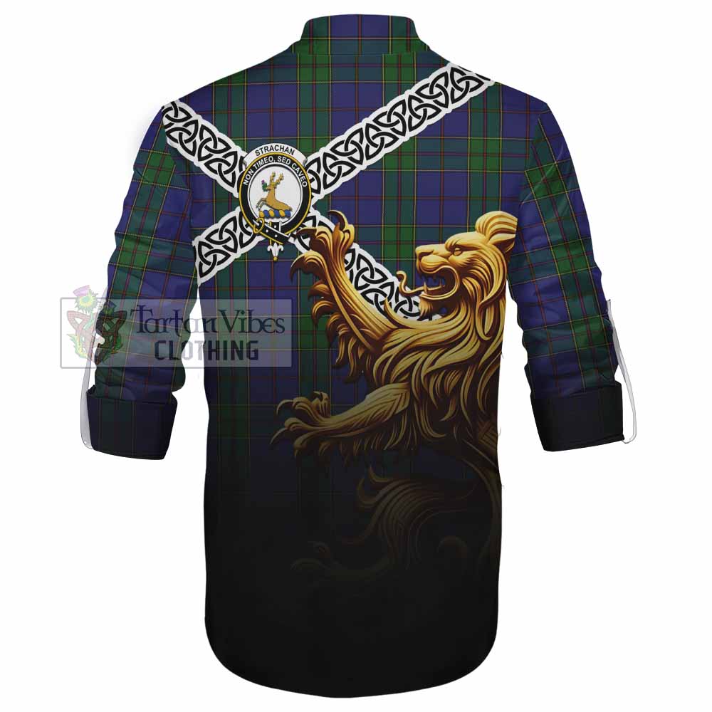 Strachan Crest Tartan Ghillie Kilt Shirt with Golden Lion Emblem Celtic Style - Tartan Vibes Clothing