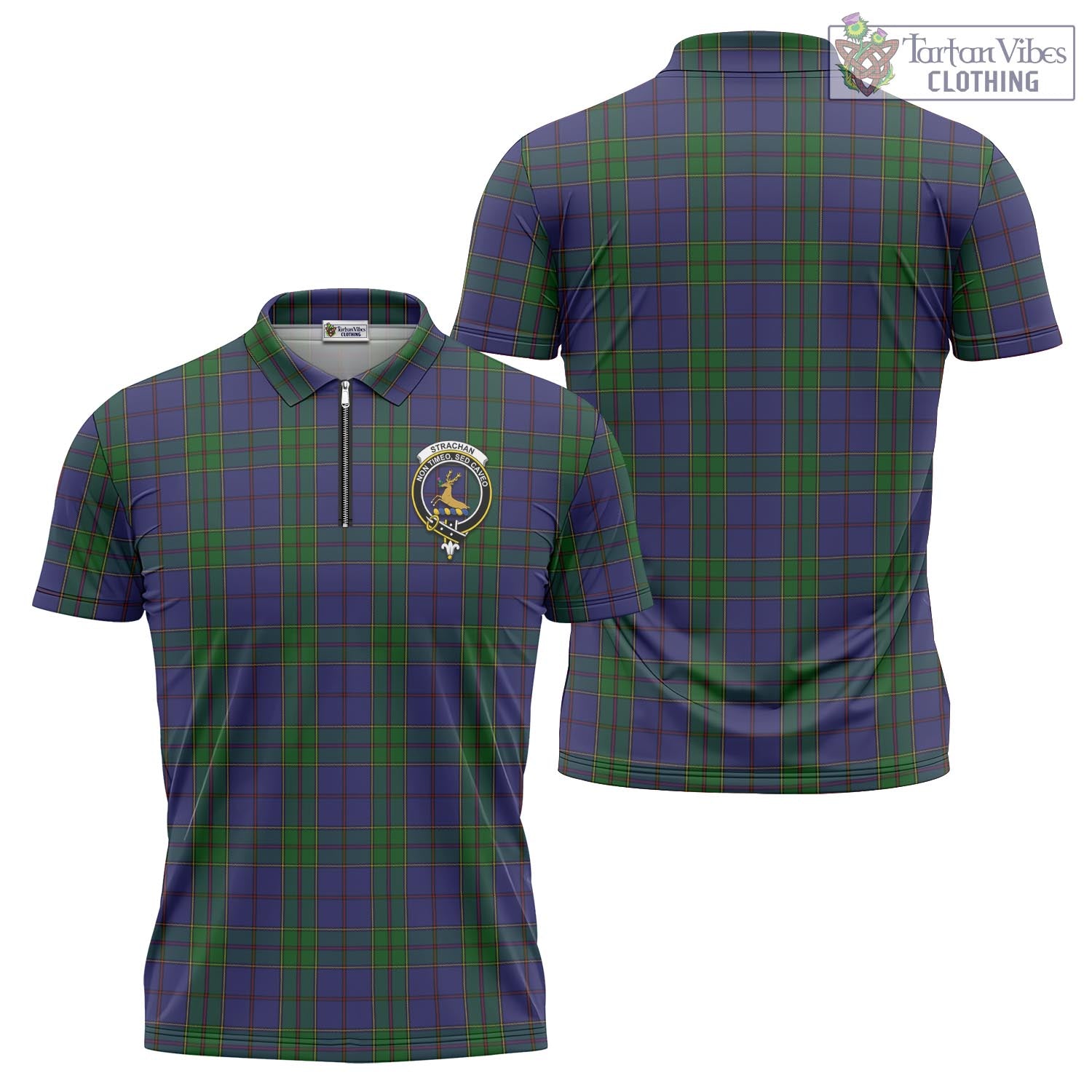 Tartan Vibes Clothing Strachan Tartan Zipper Polo Shirt with Family Crest