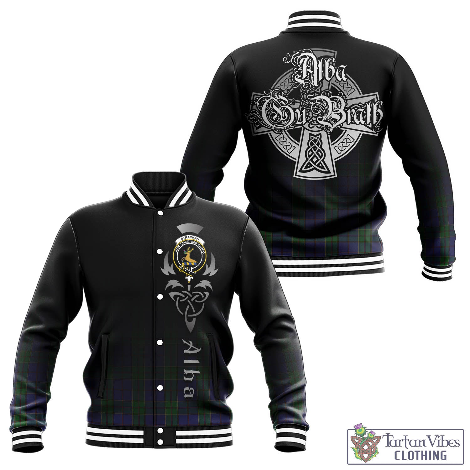 Tartan Vibes Clothing Strachan Tartan Baseball Jacket Featuring Alba Gu Brath Family Crest Celtic Inspired