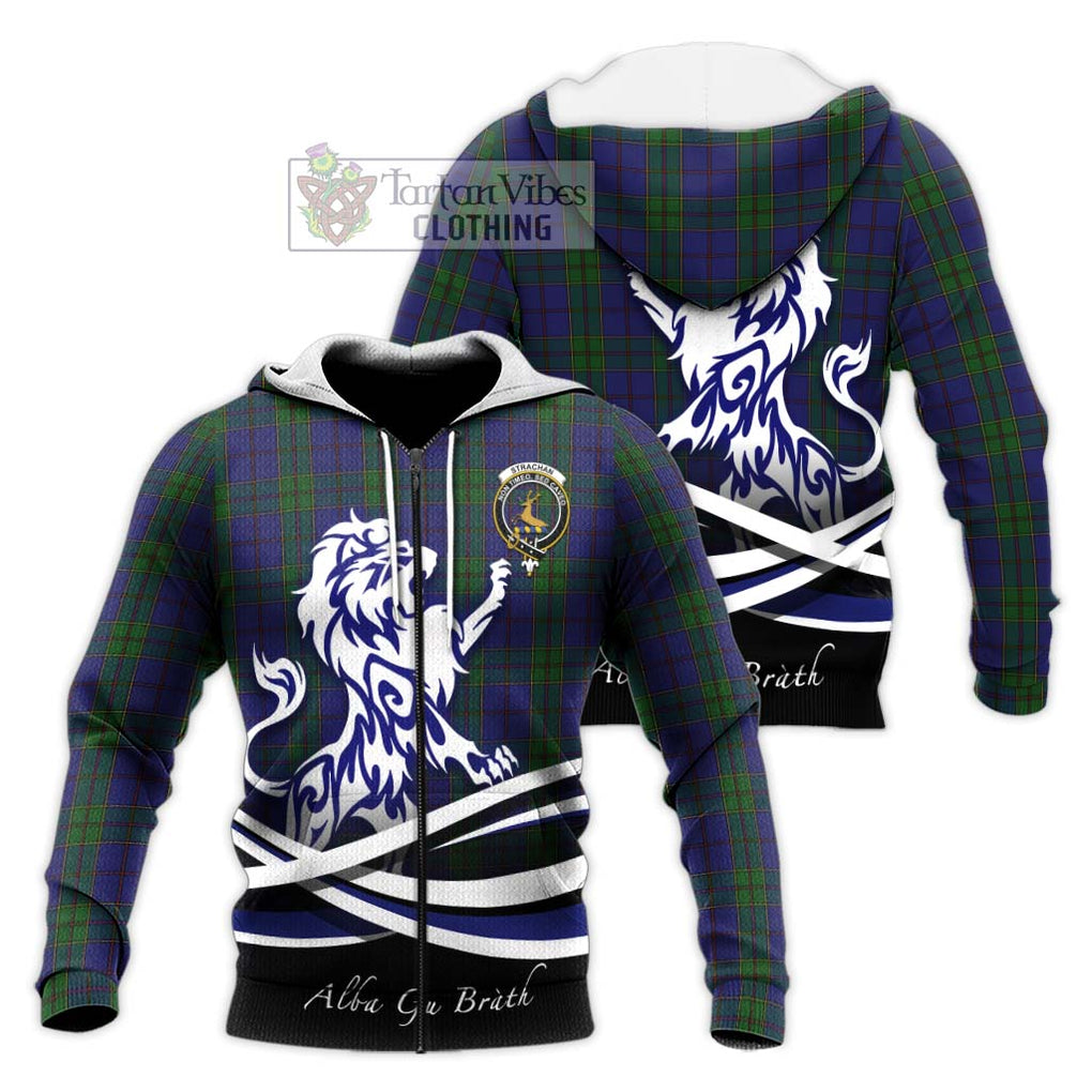 Strachan Tartan Knitted Hoodie with Alba Gu Brath Regal Lion Emblem Unisex Knitted Zip Hoodie - Tartanvibesclothing Shop