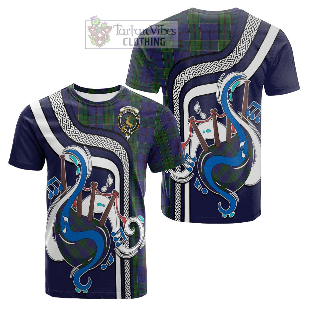 Tartan Vibes Clothing Strachan Tartan Cotton T-shirt with Epic Bagpipe Style