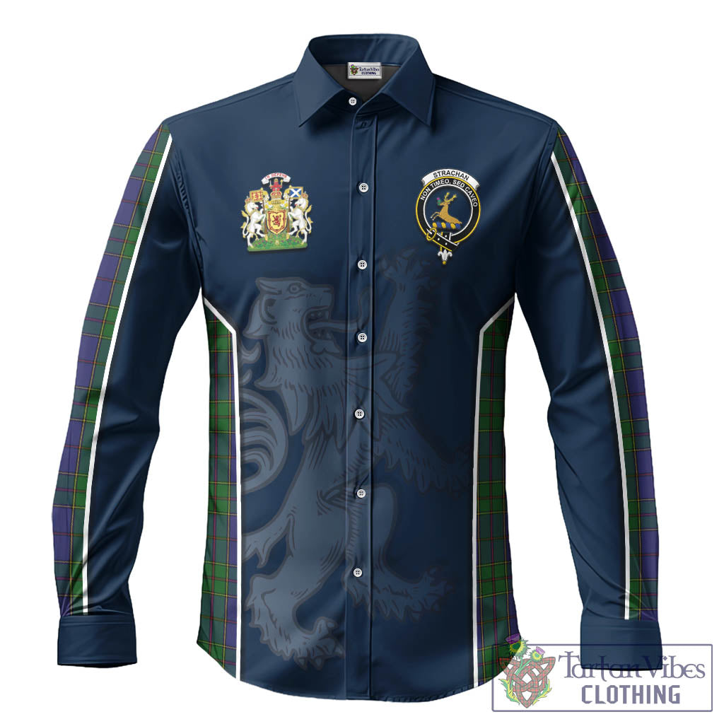 Strachan Tartan Long Sleeve Button Up Shirt with Family Crest and Lion Rampant Vibes Sport Style