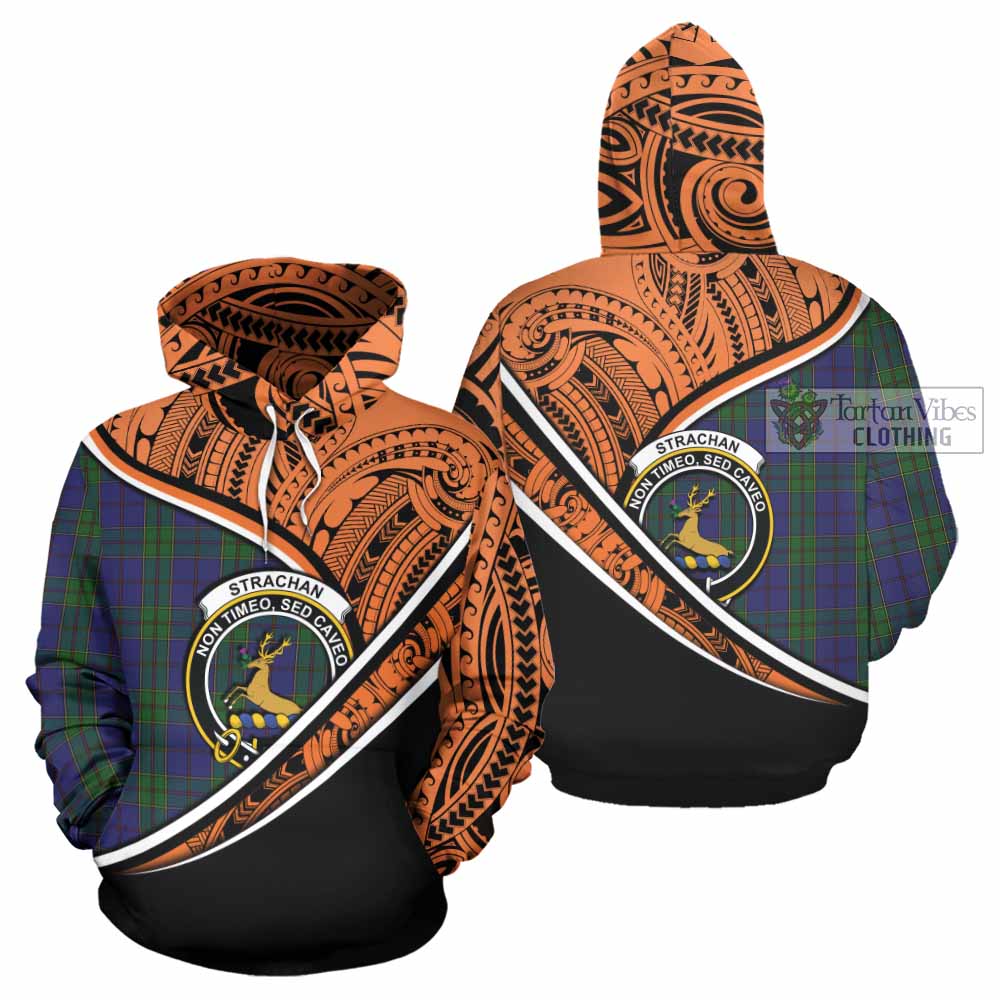 Tartan Vibes Clothing Strachan Crest Tartan Hoodie with Maori Tattoo Style - Orange Version